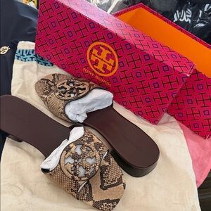 Tory Burch Snake-Print Brown Slide Sandals with Logo Medallion